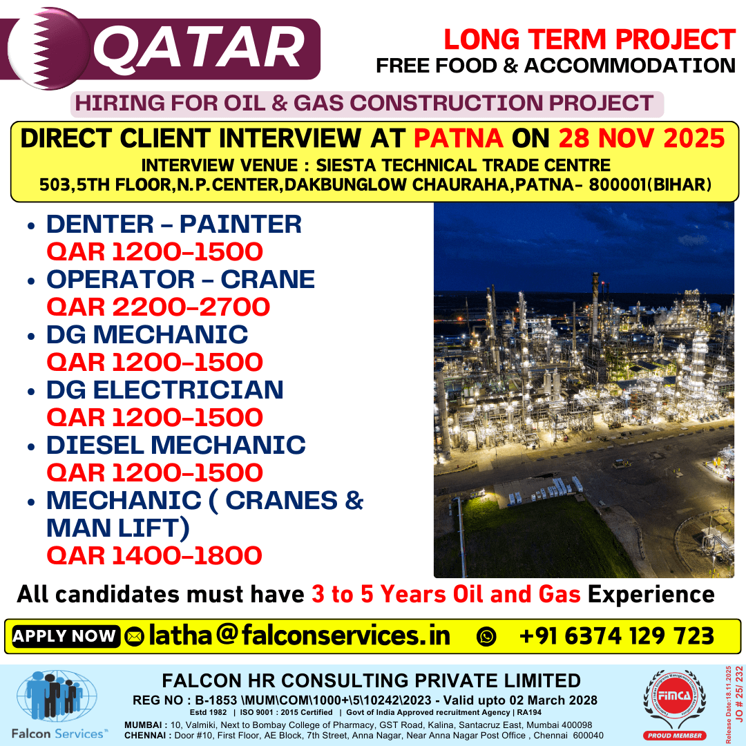 QATAR – LONG TERM PROJECT | Free Food & Accommodation Direct Client Interview in Patna – 28 Nov 2025