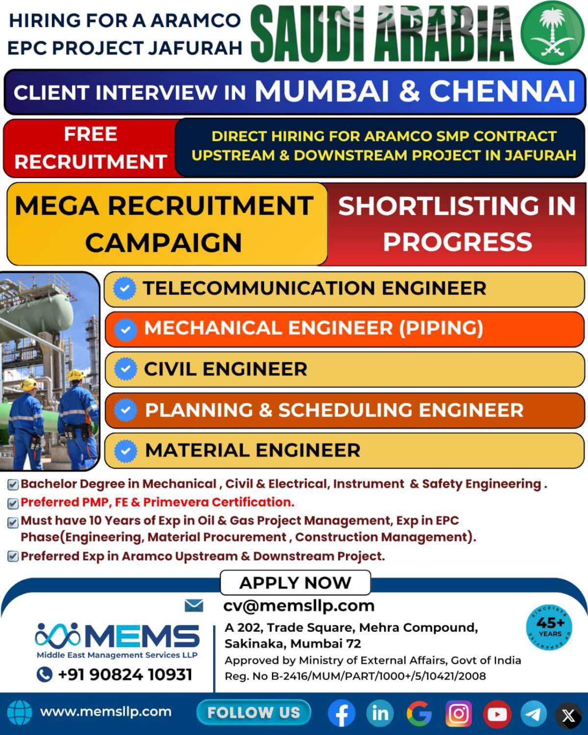 We are hiring for a ARAMCO EPC PROJECT JAFURAH in Saudi Arabia We are hiring for a ARAMCO EPC PROJECT JAFURAH in Saudi Arabia