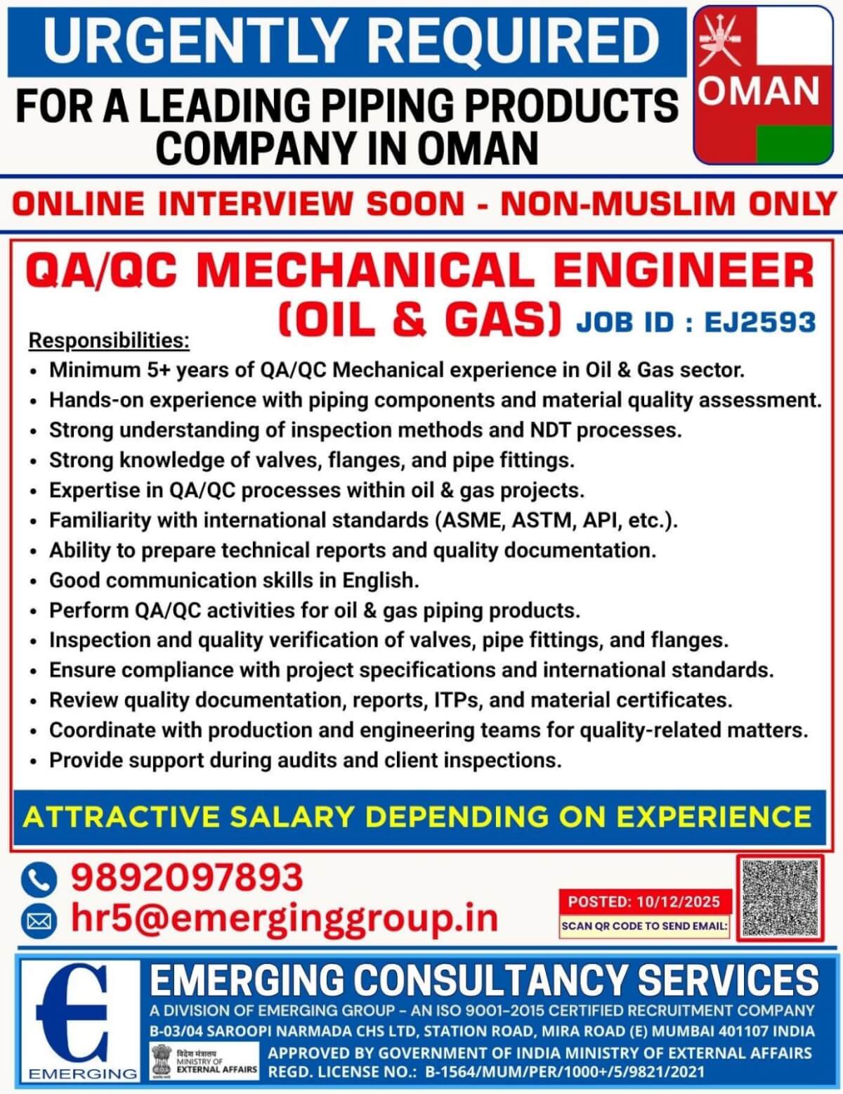 URGENTLY REQUIRED FOR A LEADING PIPING PRODUCTS COMPANY IN OMAN