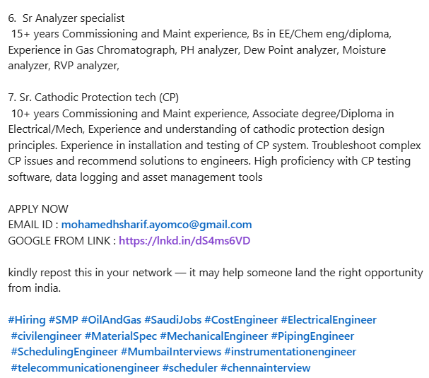 Urgently required for a leading co. in saudi arabia