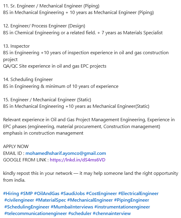 Urgently required for a leading co. in saudi arabia