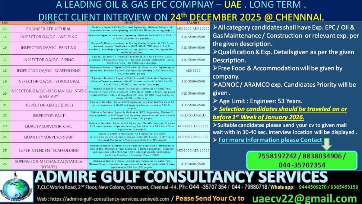 A  LEADING OIL & GAS COMPANY -UAE . LONG TERM . DIRECT CLIENT INTERVIEW ON 24TH DECEMBER 2025 @ CHENNAI