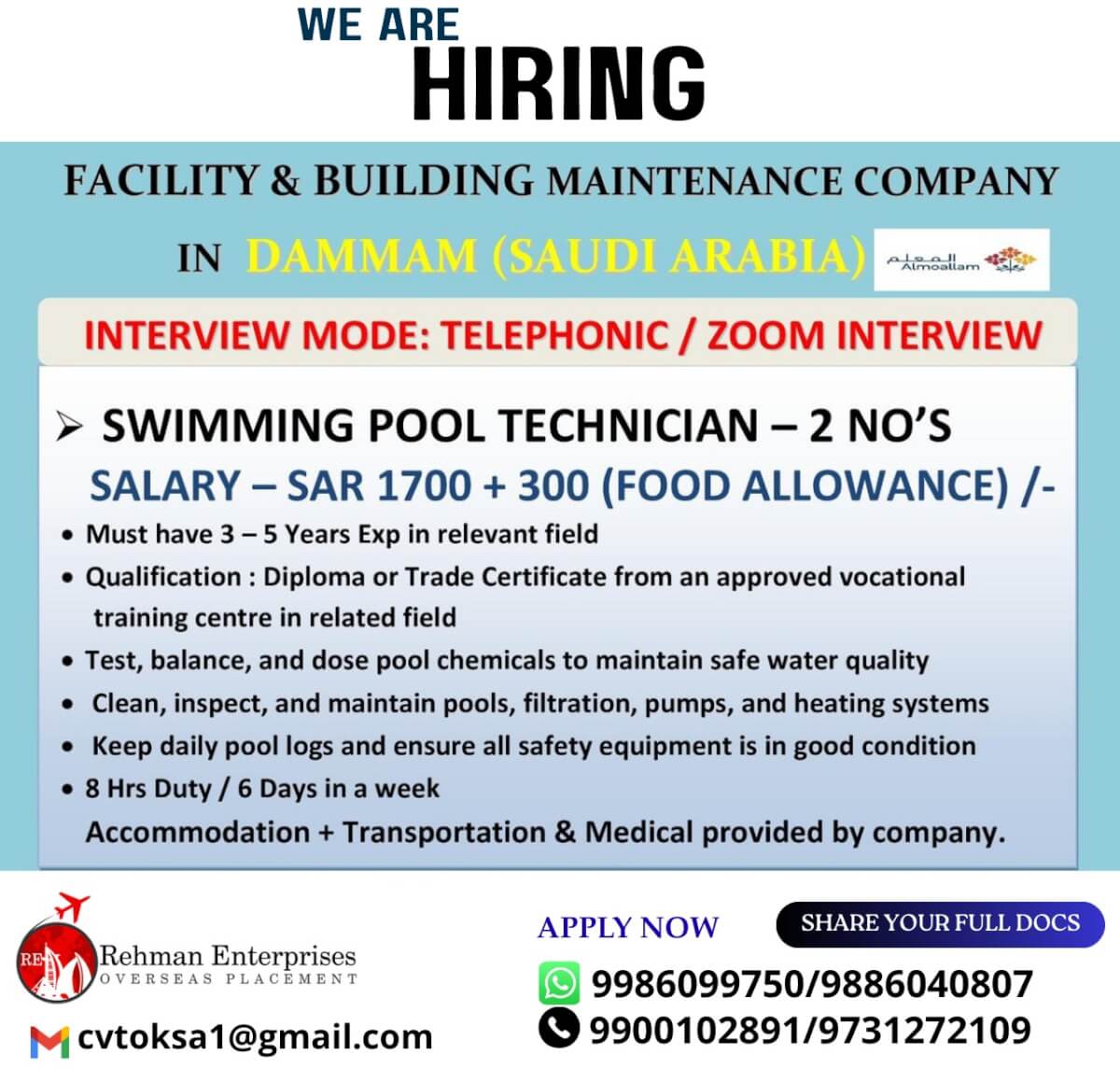 HIRING FOR FACILITY & BUILDIG MAINTENCE COMPANY IN DAMMAM-SAUDI ARABIA - GENERAL ACCOUNTANT,SWIMMING POOL TECHNICIAN