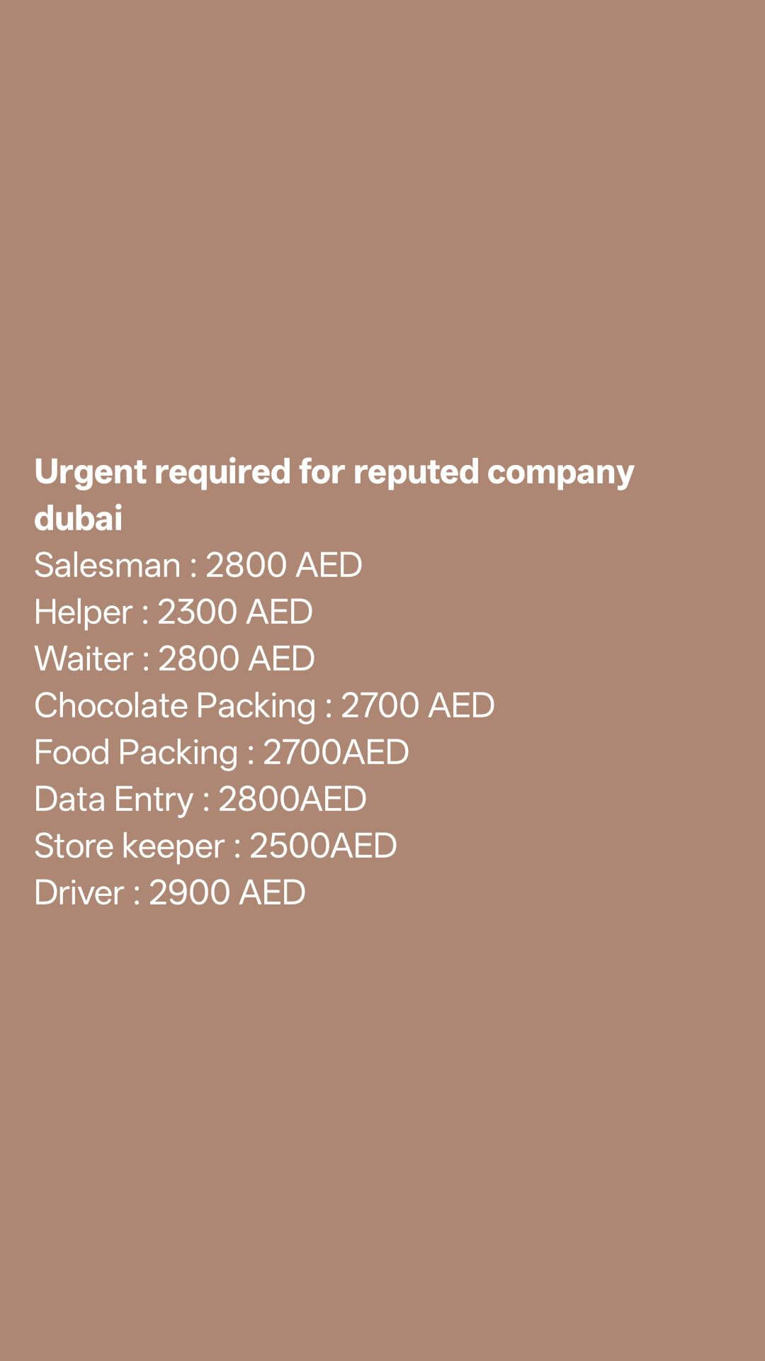 Urgent required for reputed company dubai