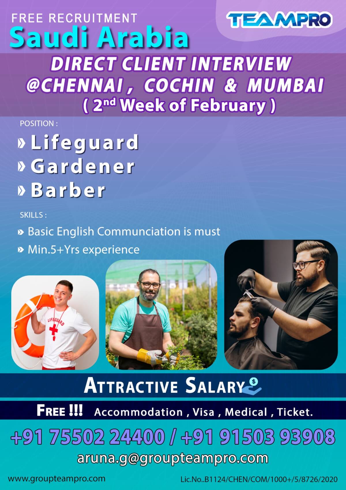 ? Generator Technician  , STP Operator  ,Handyman  , Plumber , Lifeguard ,Gardener , Barber, Facility Engineer