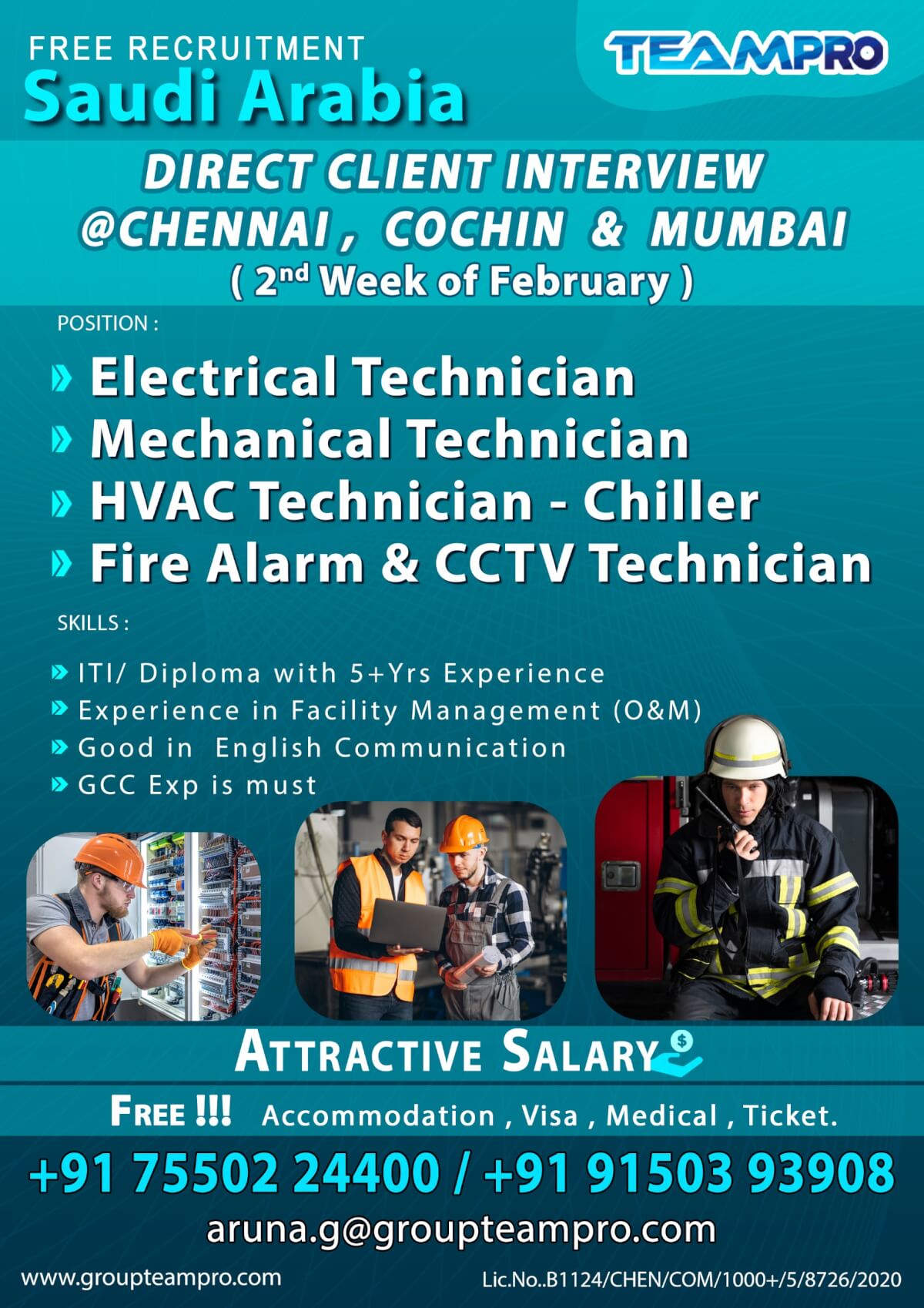 General Administrator ,  Electrical Technician  ,Mechanical Technician  , HVAC Technician – Chiller  , Fire Alarm & CCTV Technician, Electrical Supervisor , HVAC Supervisor- Chillar