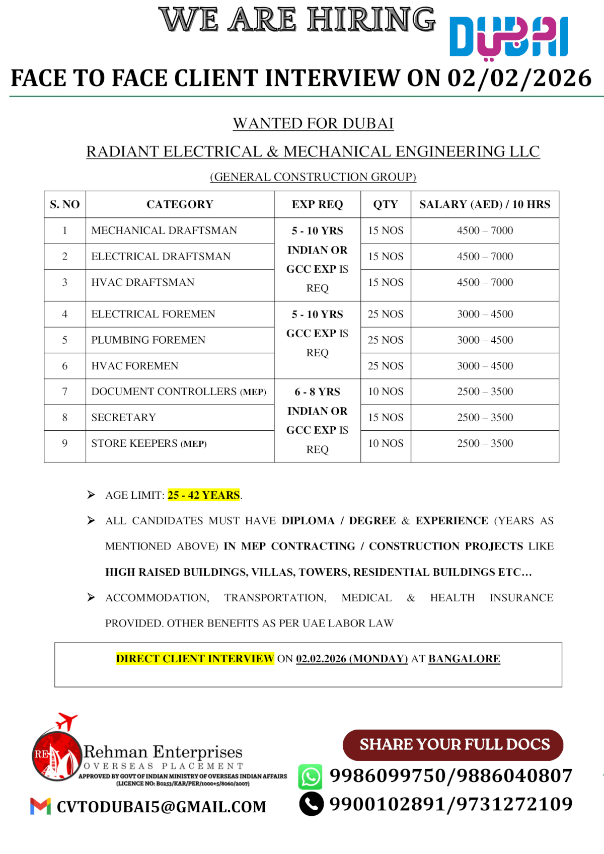 WANTED FOR DUBAI-RADIANT ELECTRICAL & MACHANICAL ENGINEERING LLC