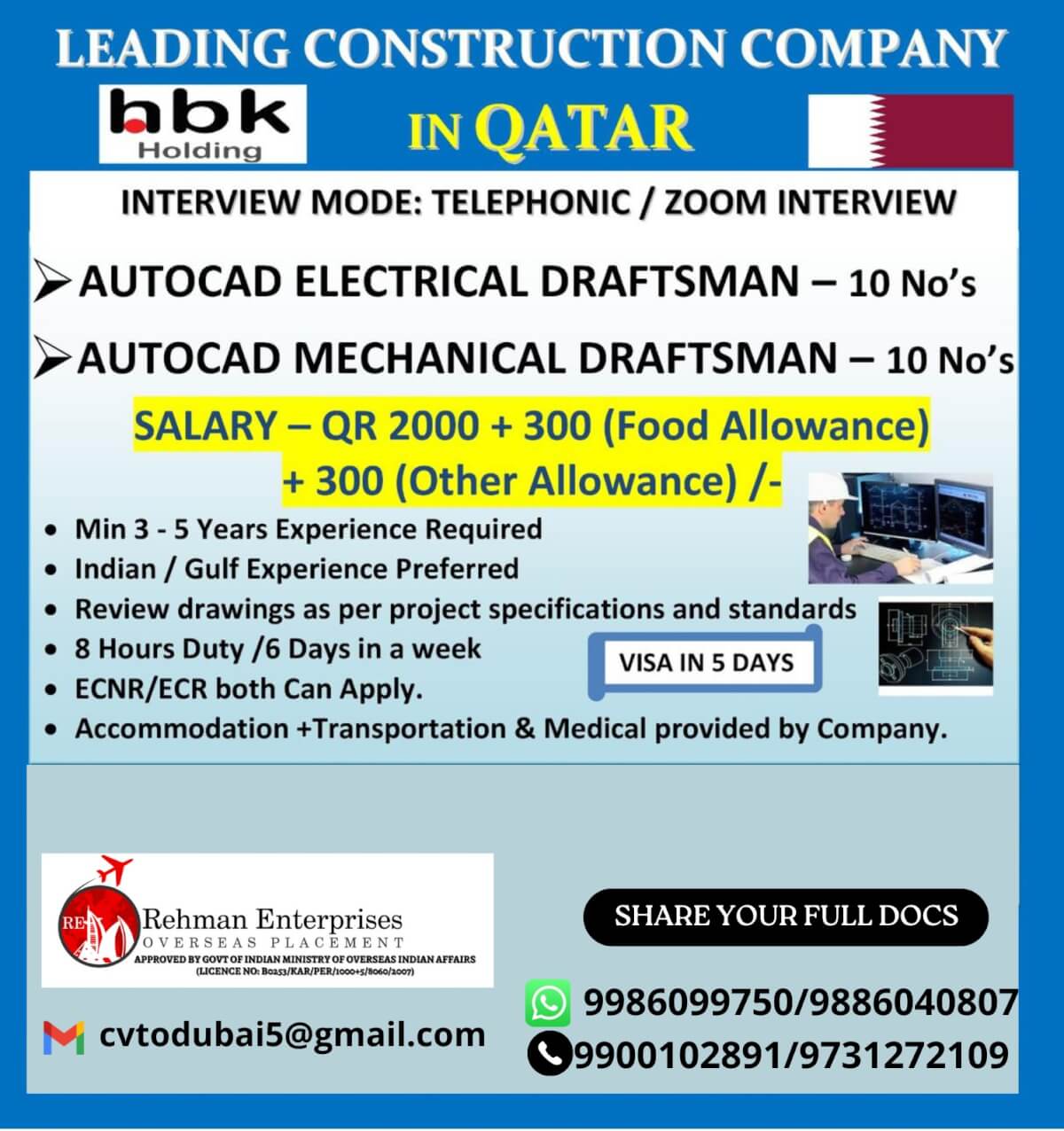 HIRING FOR LEADING CONSTRUCTION COMPANY IN QATAR