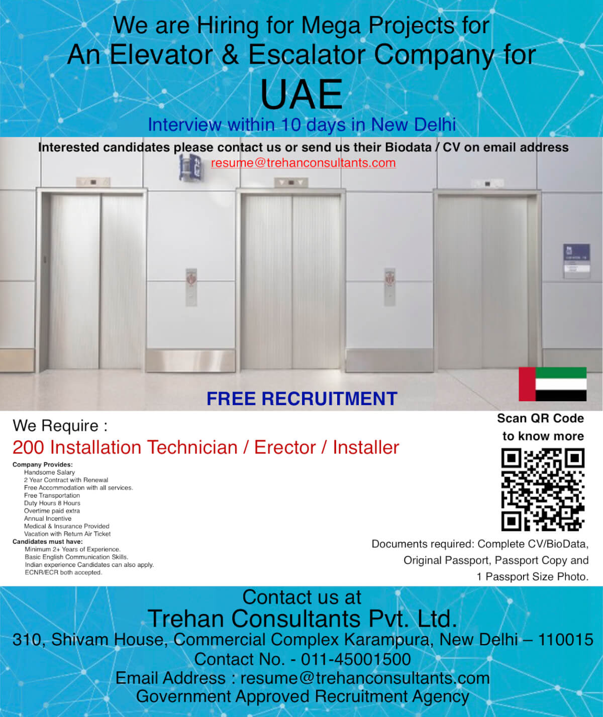 200 Installation Technician / Erector / Installer required for Elevator & Escalator Company for Mega Projects in UAE - Interview within 10 days in New Delhi