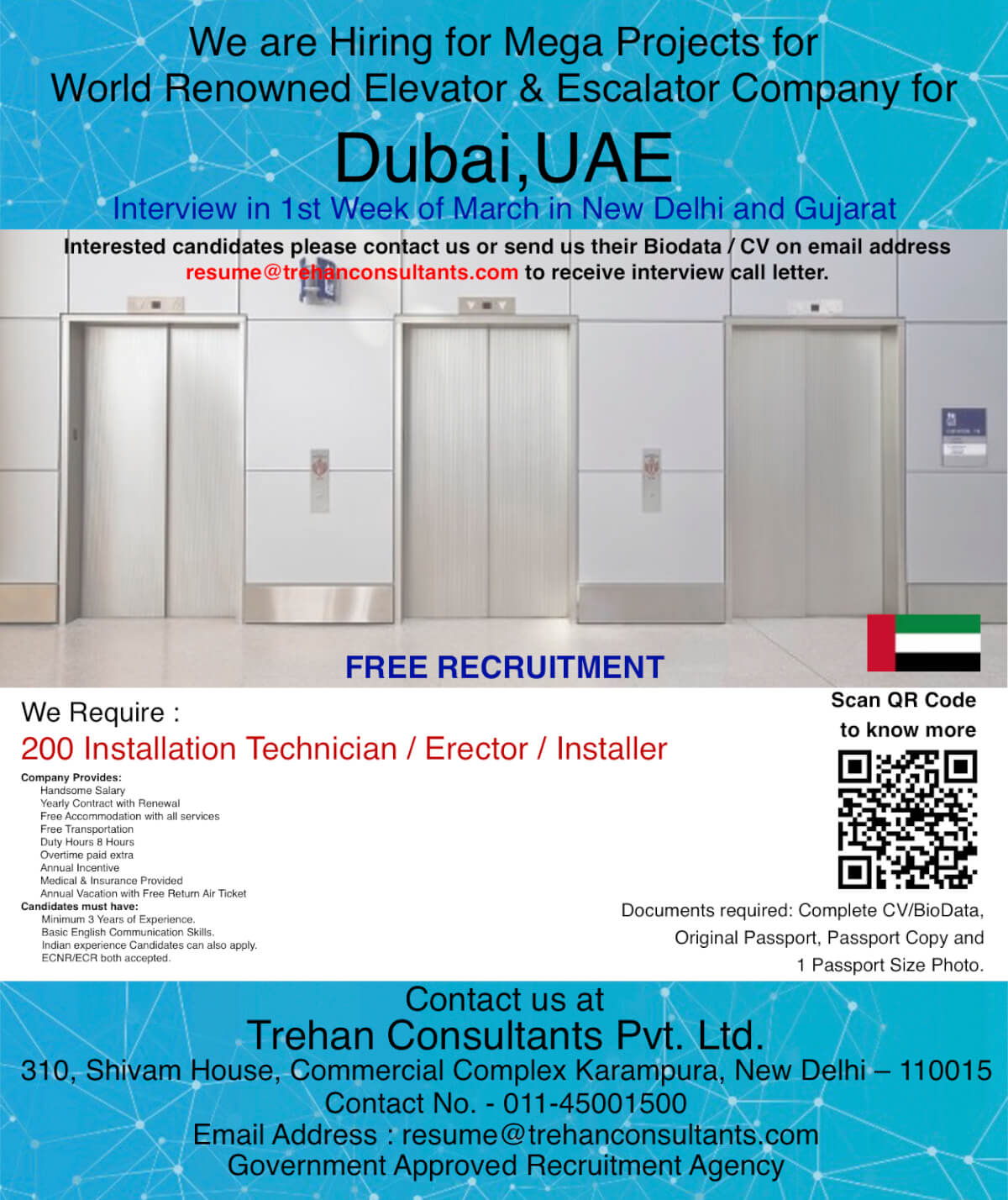 200 Installation Technician / Erector / Installer required for World Renowned Elevator & Escalator Company for Mega Projects in Dubai - UAE - Interview in 1st Week of March in New Delhi and Gujarat
