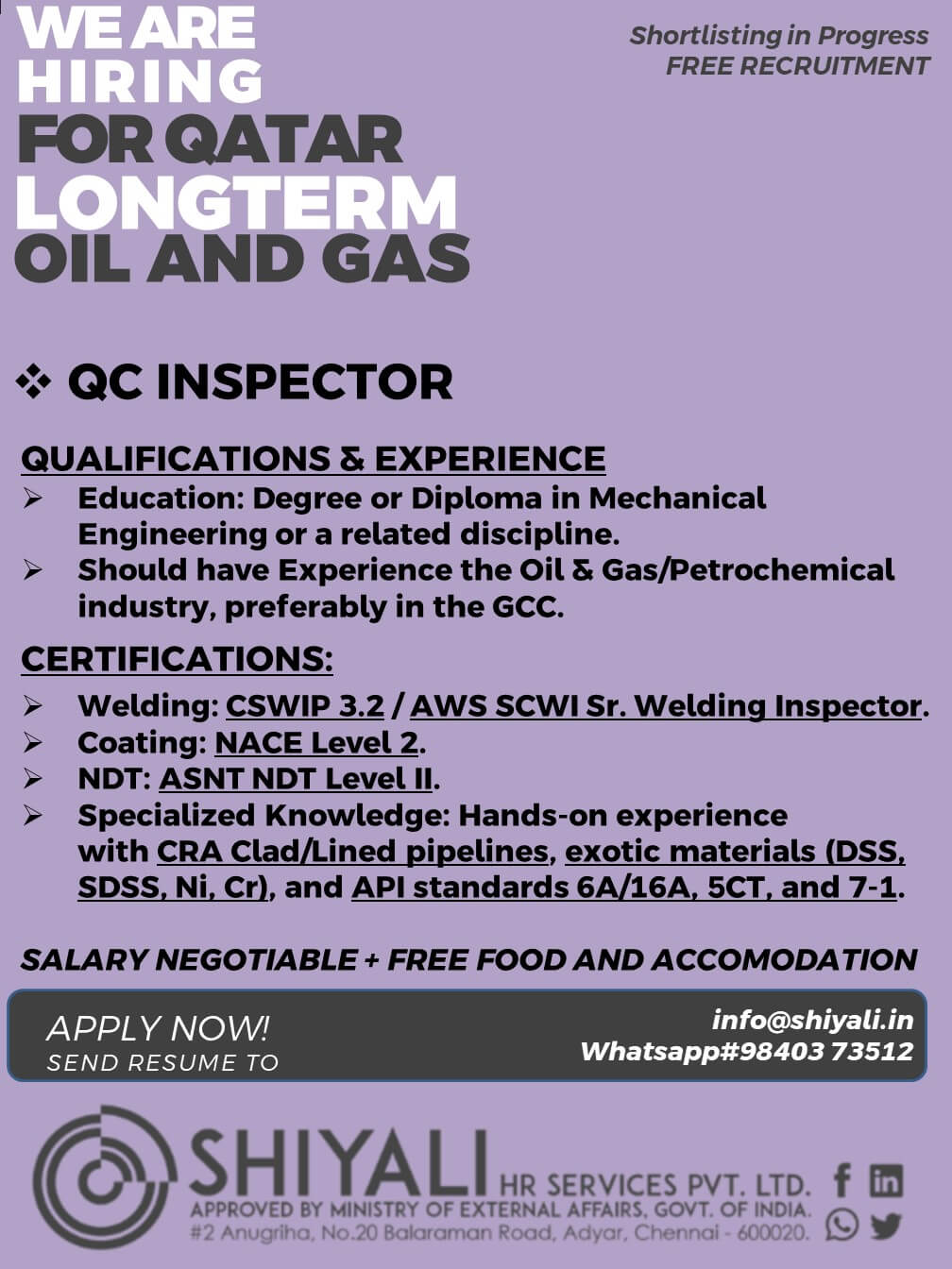 QC ENGINEER / QC INSPECTOR / WELDING SUPERVISOR