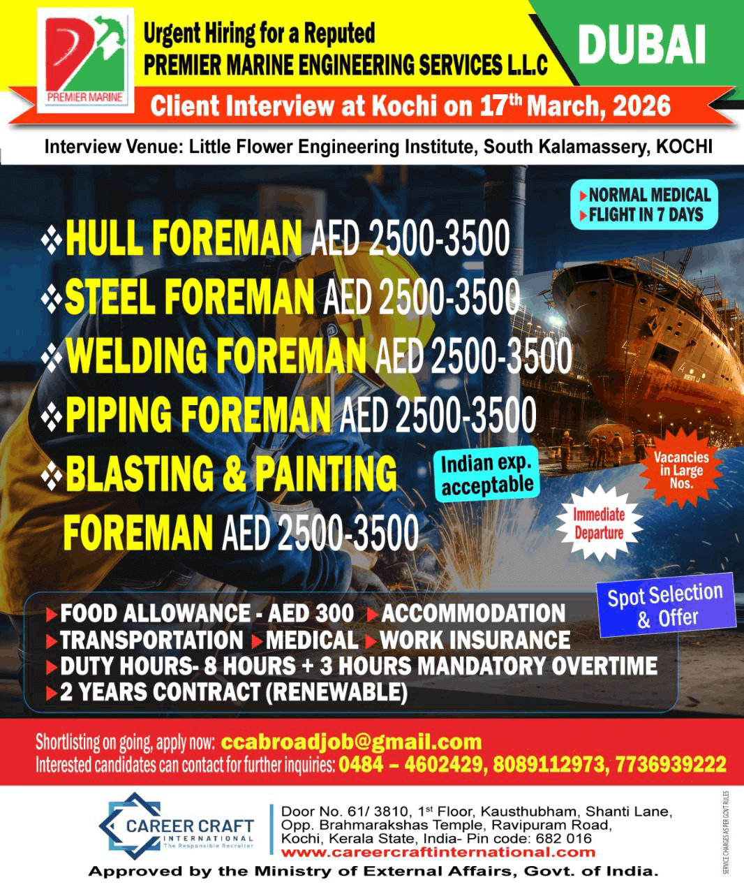 Client Interview at Kochi on 15th March, 2026 for Premier Marine Engineering LLC, Dubai -