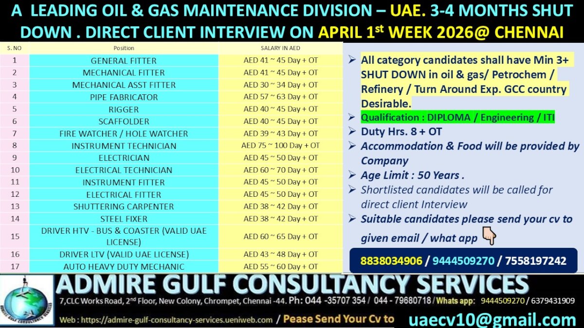 A  LEADING OIL & GAS COMPANY - 3-4 MONTHS SHUT DOWN. DIRECT CLIENT INTERVIEW APRIL 1ST WEEK AT CHENNAI