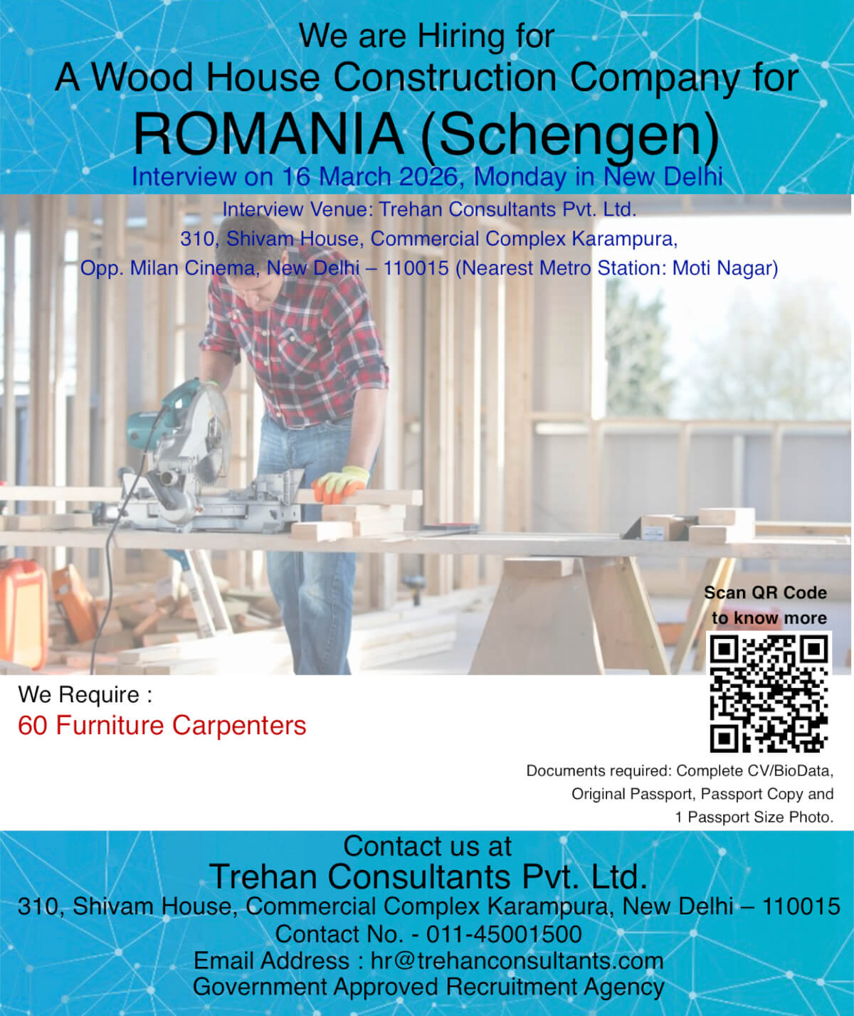 Furniture Carpenters required for ROMANIA (Schengen) for A Wood House Construction Company - Interview Date 16 March 2026