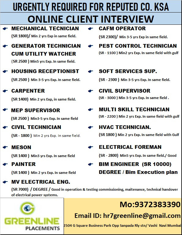URGENTLY REQUIRED FOR REPUTED CO. KSA URGENTLY REQUIRED FOR REPUTED CO. KSA