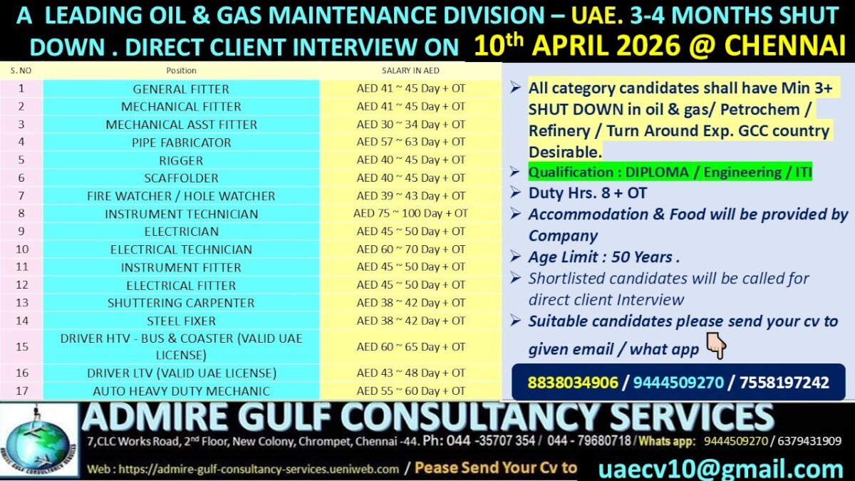 A  LEADING OIL & GAS COMPANY - UAE . 3 -4 MONTHS SHUT DOWN  CLIENT INTERVIEW ON 10th APRIL 2026 @ CHENNAI