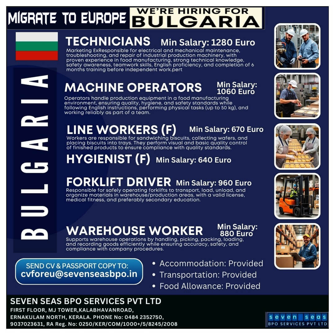 Urgent Vacancies in BULGARIA (Schengen country) Urgent Vacancies in BULGARIA (Schengen country)