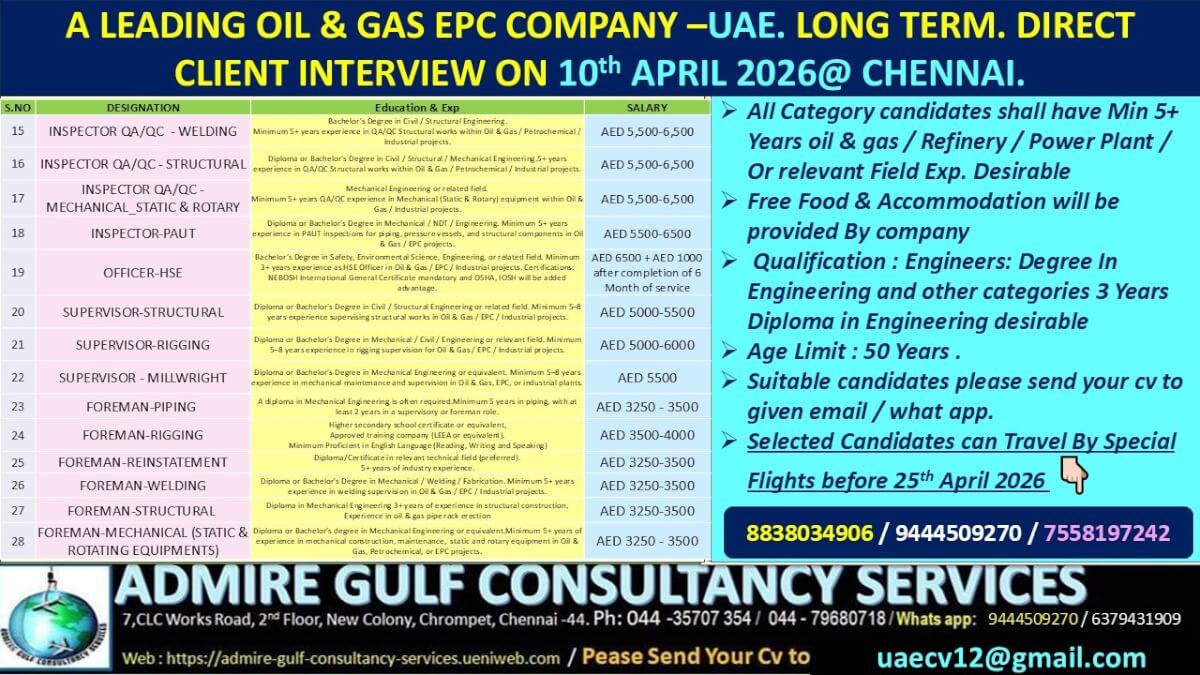 A  LEADING OIL & GAS  EPC COMAPNY -UAE. LONG TERM . DIRECT CLEINT INTERVIEW ON 10th APRIL 2026 @ CHENNAI