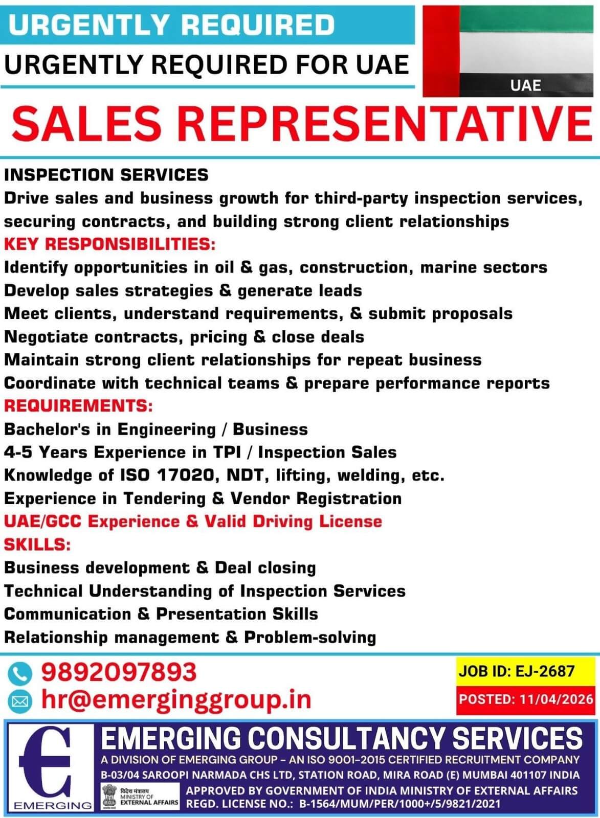 URGENT REQUIRED FOR SALES REPRESENTATIVE