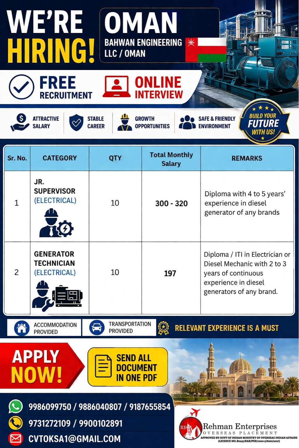 HIRING FOR BAHWAN ENGINEERING IN OMAN