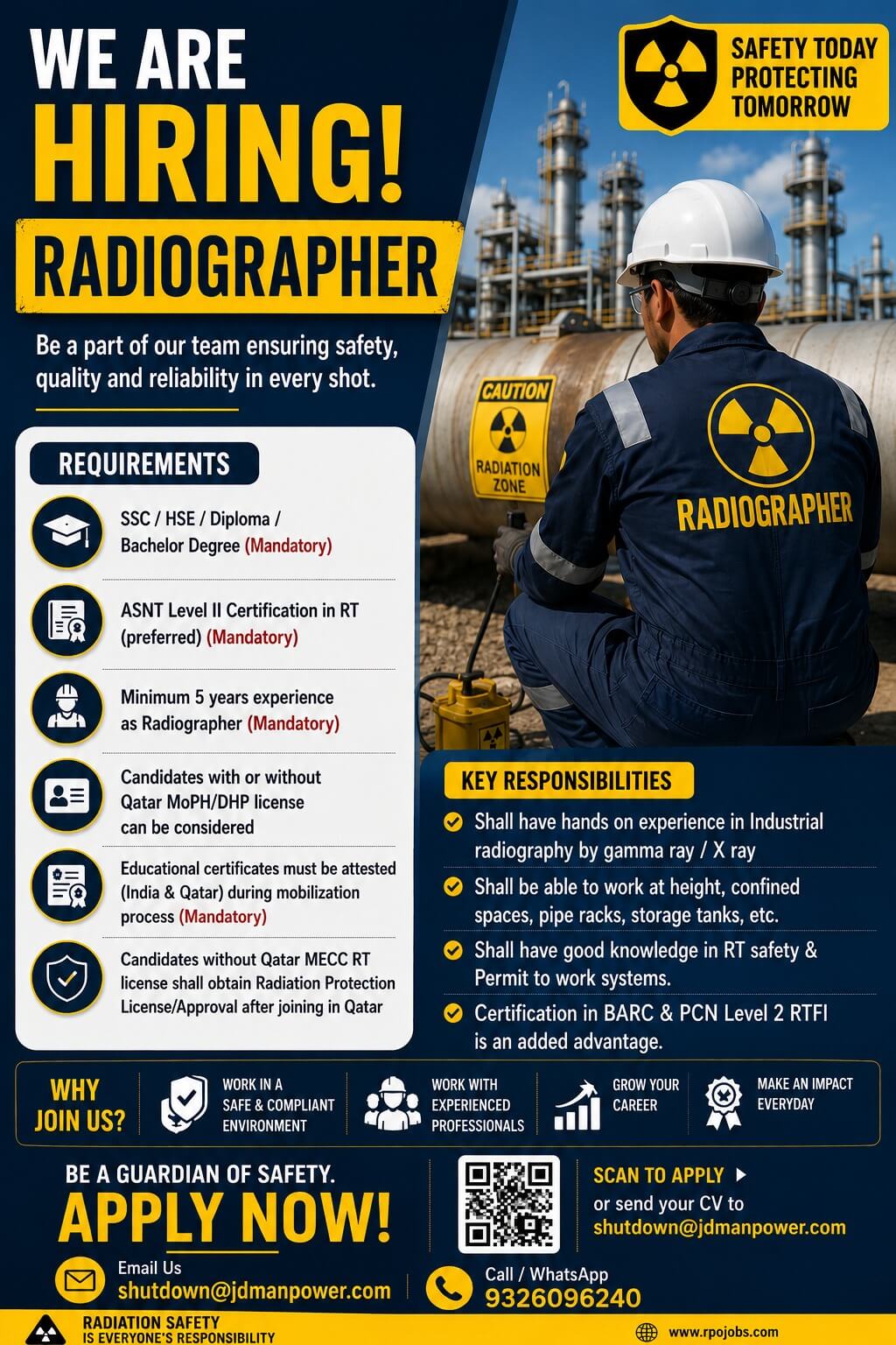 URGENT REQUIREMENT FOR (RPO) RADIATION PROTECTION OFFICER & (RT) TECHNICIAN QATAR LONG TERM.