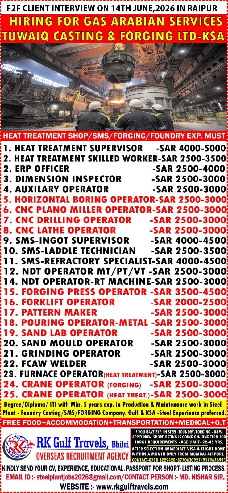 HIRING FOR A GAS ARABIA COMPANY FOR THEIR TUWAIQ CASTING & FORGING CO. - KSA HIRING FOR A GAS ARABIA COMPANY FOR THEIR TUWAIQ CASTING & FORGING CO. - KSA