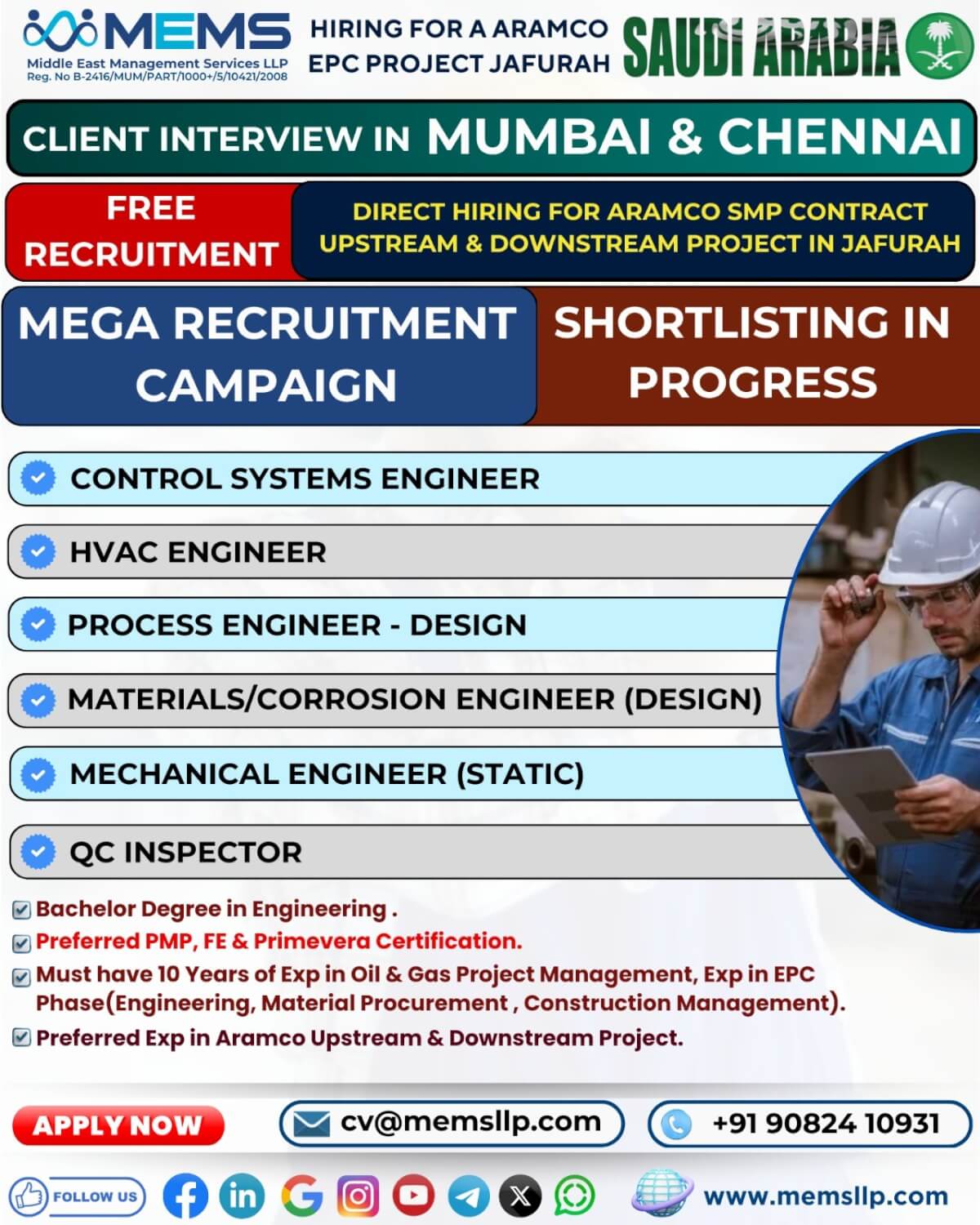 We are hiring for a ARAMCO EPC PROJECT JAFURAH in Saudi Arabia