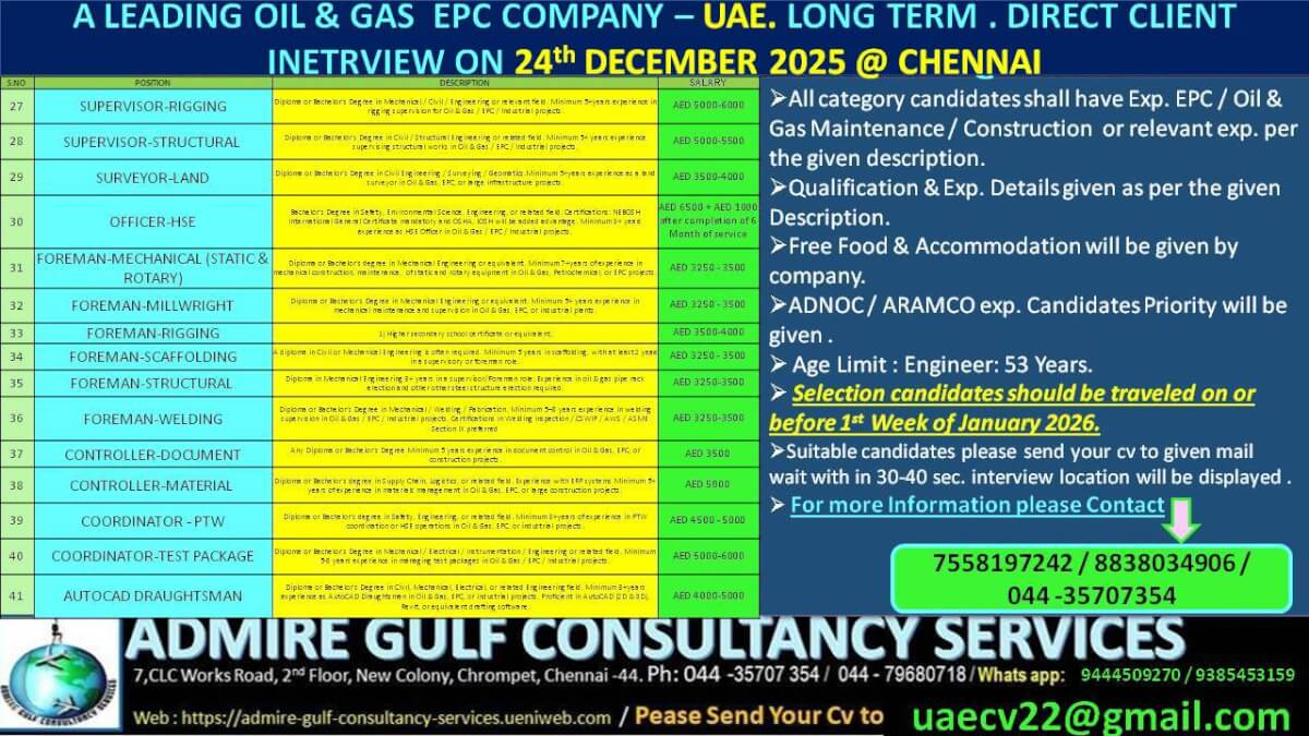 A  LEADING OIL & GAS COMPANY -UAE . LONG TERM . DIRECT CLIENT INTERVIEW ON 24TH DECEMBER 2025 @ CHENNAI