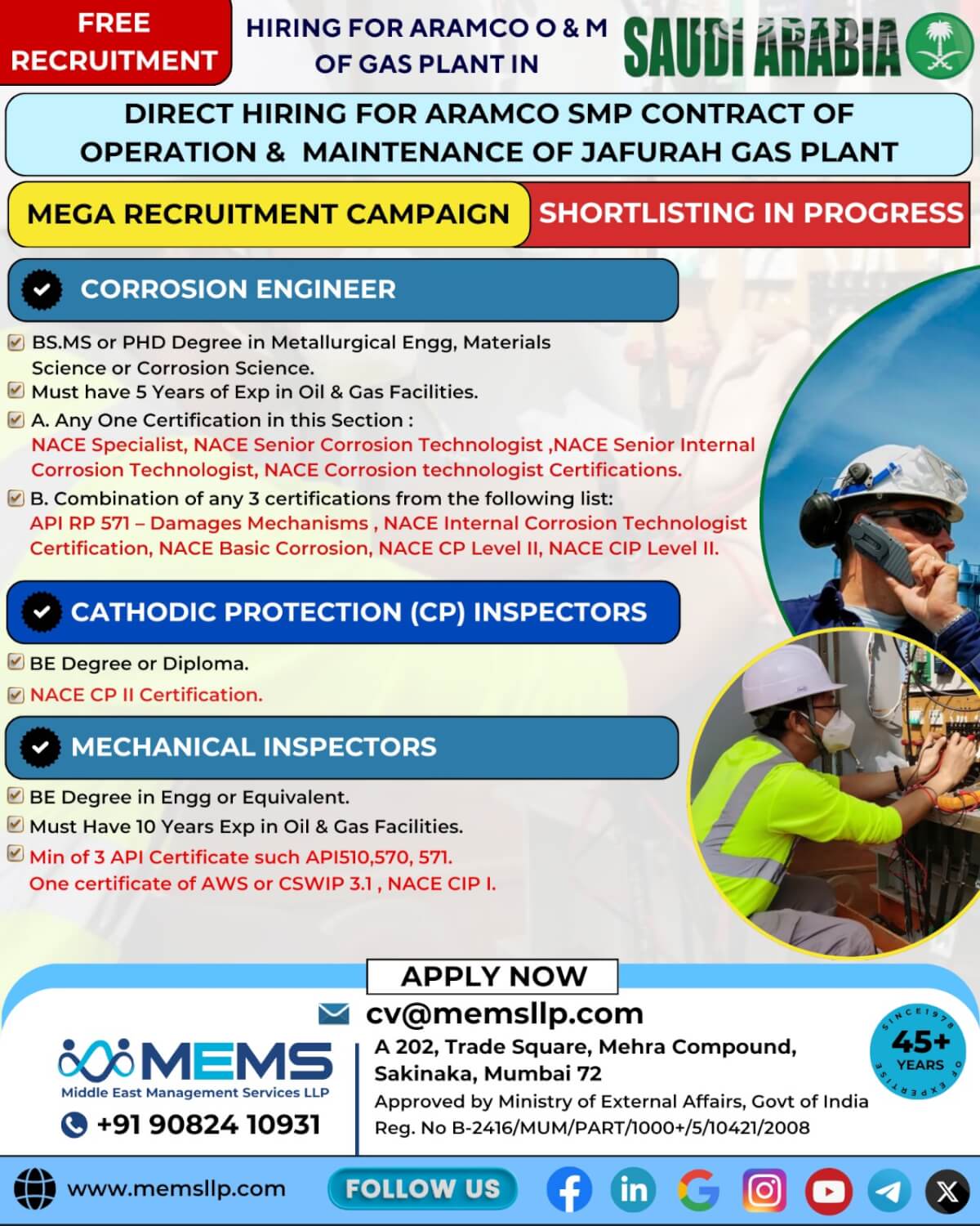 Hiring for Mega ARAMCO SMP Contract for world’s largest Oil & Gas company.