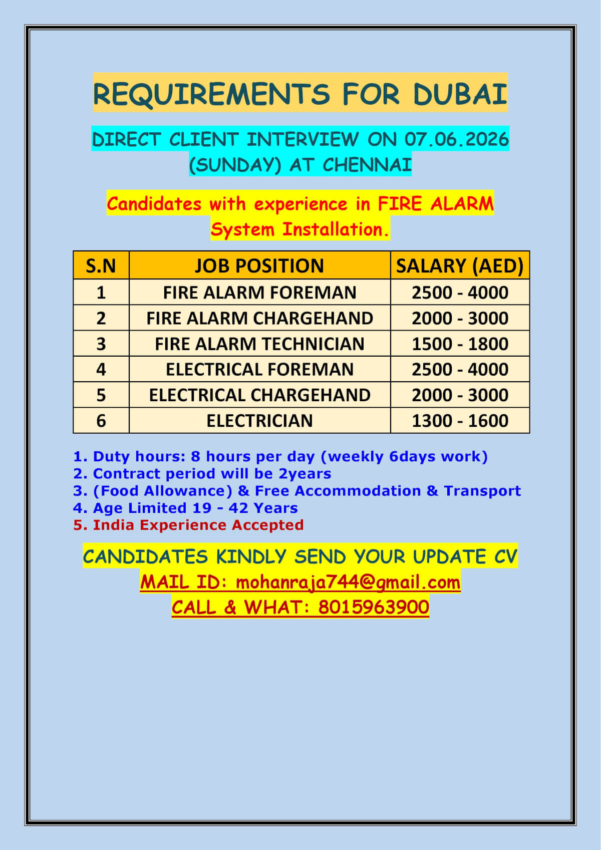 REQUIREMENTS FOR DUBAI  -  DIRECT CLIENT INTERVIEW ON 07.06.2026 (SUNDAY) AT CHENNAI