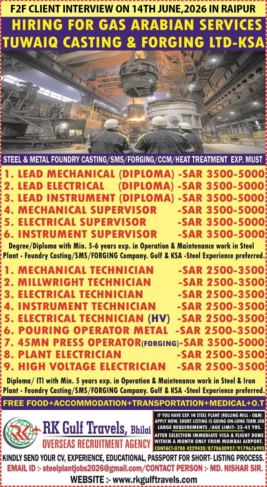 HIRING FOR A GAS ARABIA COMPANY FOR THEIR TUWAIQ CASTING & FORGING CO. - KSA